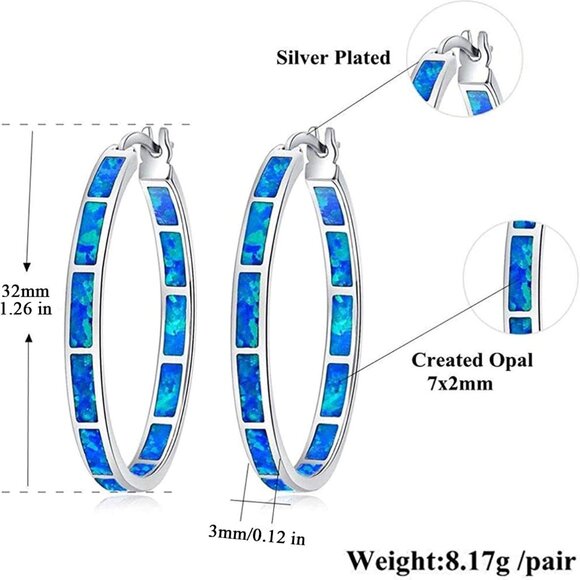 Opal Hoop Earrings Rhodium Plated Blue Fire Opal Women Jewelry Gift Box - Picture 2 of 7